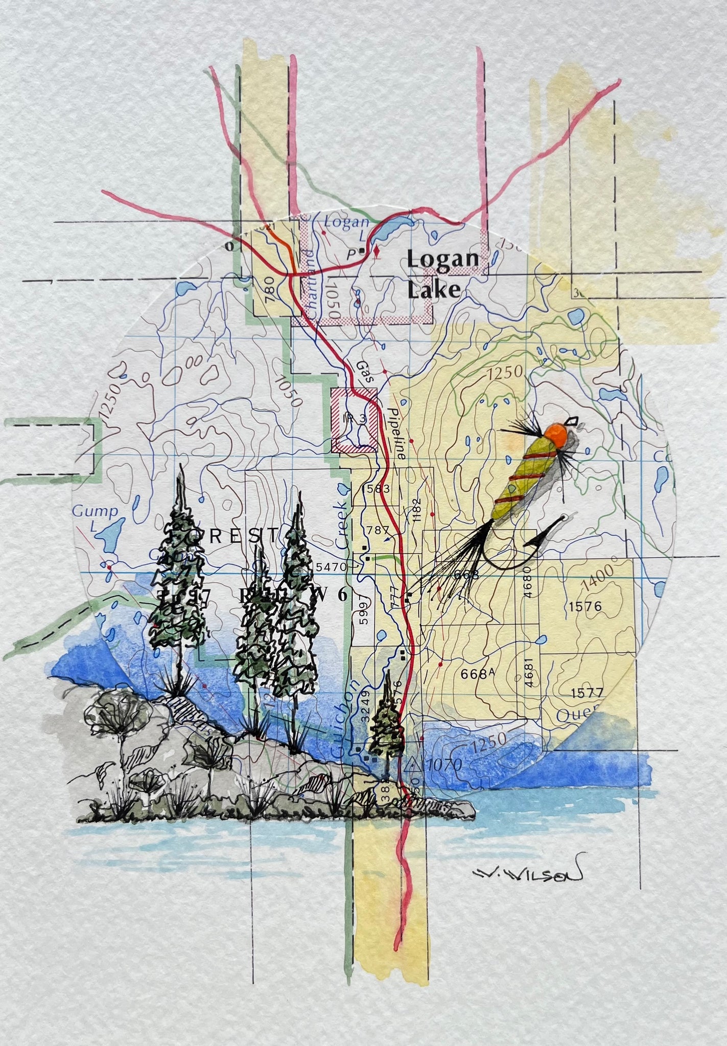 Topographic Map Art - Fly Pattern - LOGAN LAKE